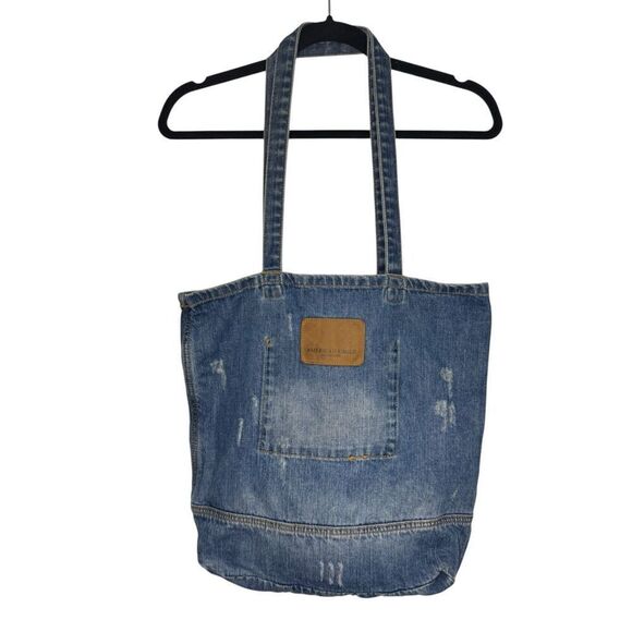 American Eagle Denim Jean Tote Bag Purse Distressed Shopping Beach Travel - Picture 2 of 7